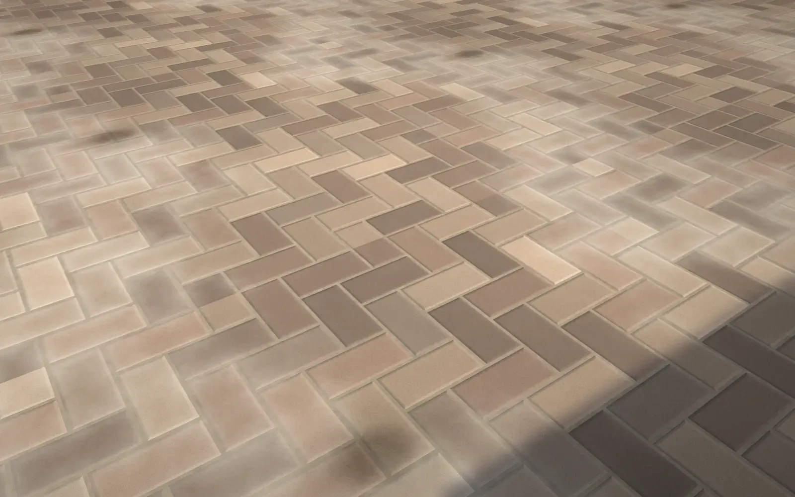 Faded herringbone paver driveway with white efflorescence haze and an oil stain, before sealing