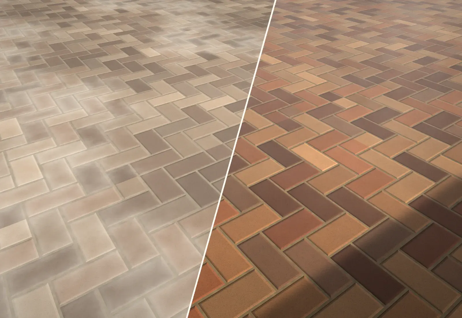 Herringbone paver driveway split down the middle: faded on the left, freshly sealed on the right